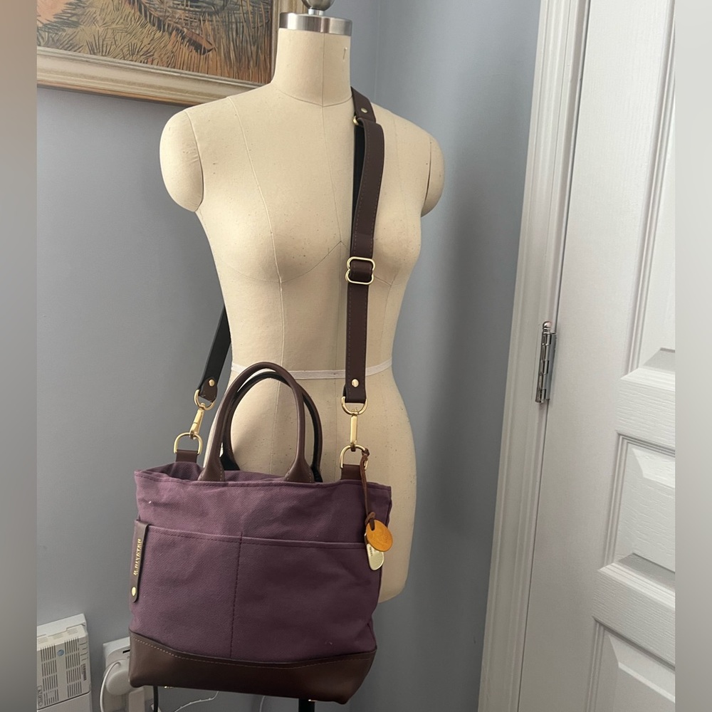 R. RIVETER OTTO | SIGNATURE MUTED PLUM CANVAS + BROWN LEATHER HANDBAG
